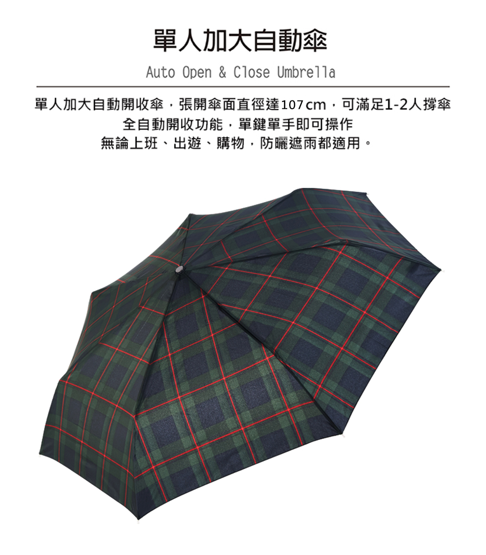 RAINSTORY經典綠紅格抗UV個人加大自動傘
