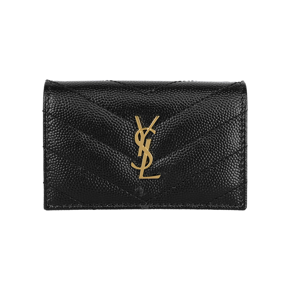【Yves Saint Laurent】Origami 金字粒紋牛皮雙釦迷你短夾(黑色)