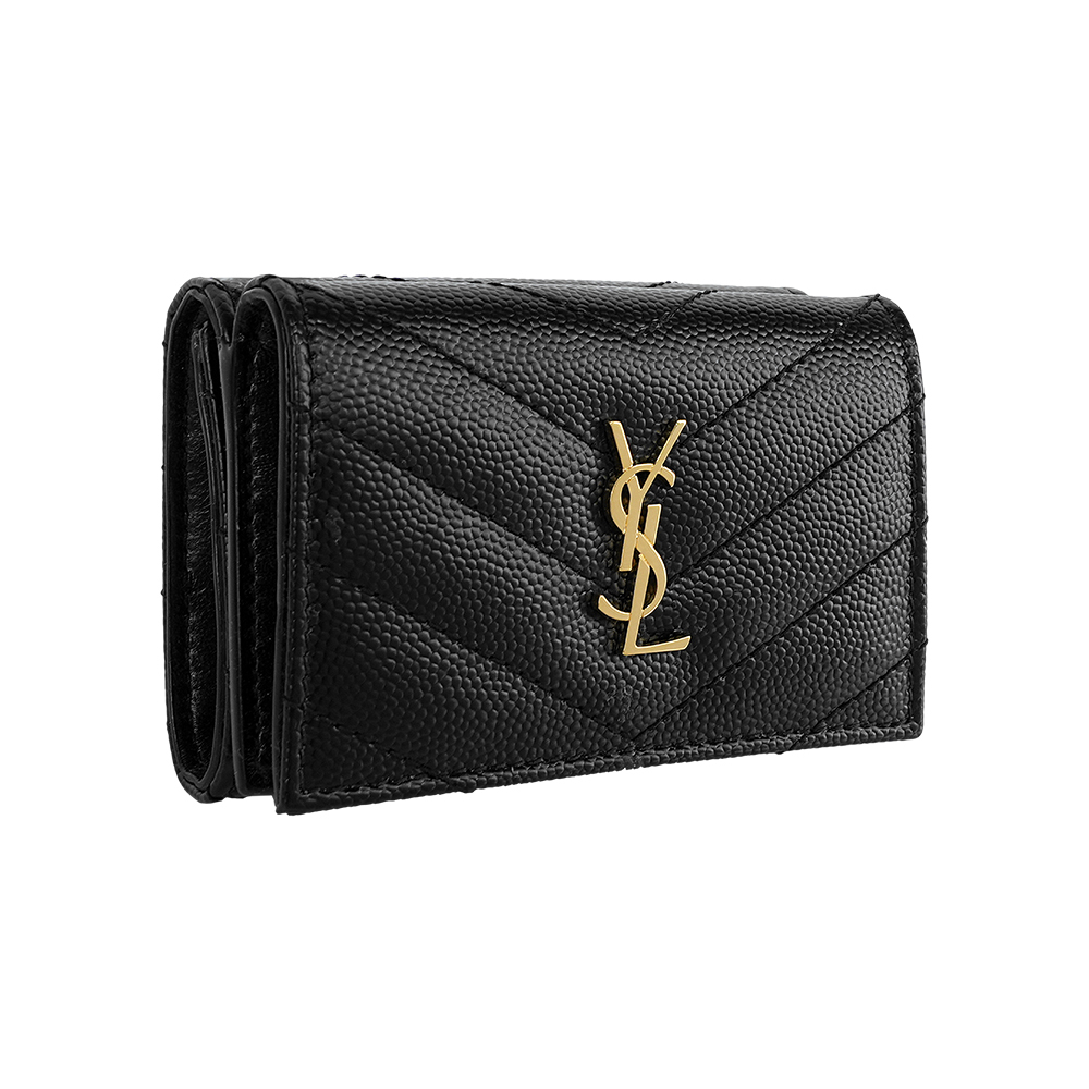 【Yves Saint Laurent】Origami 金字粒紋牛皮雙釦迷你短夾(黑色)