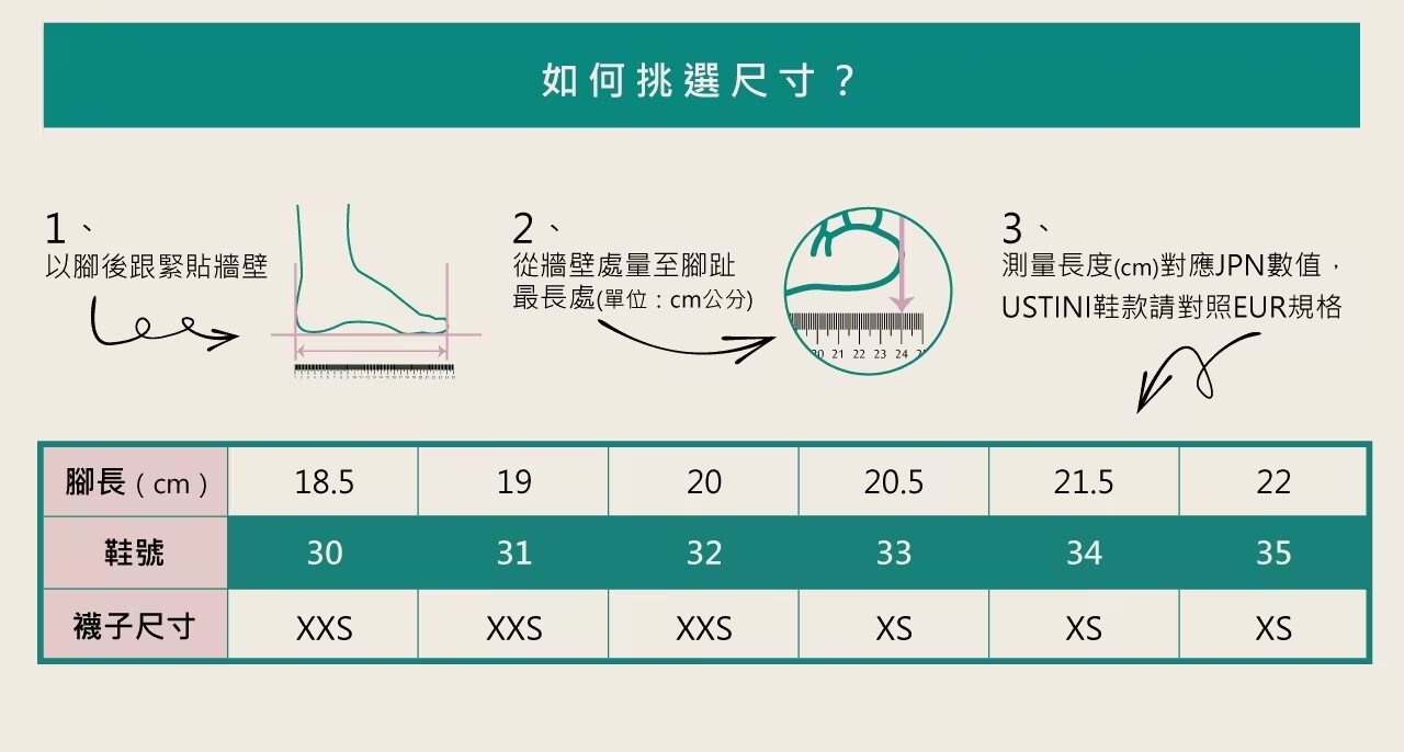 USTINI 我挺你健康鞋米其林排靜電成長襪 - 尺寸表