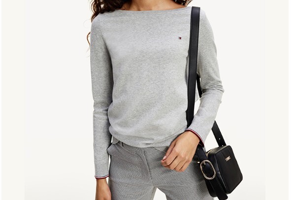 [S] TOMMY HILFIGER SOLID BOAT NECK SWEATER,HEATHER GREY, 76J3281-281 (STH724)