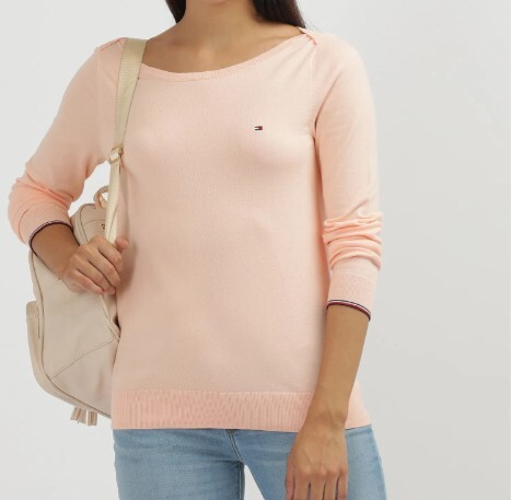 [S] TOMMY HILFIGER SOLID BOAT NECK SWEATER,PEACH, 76J3281-830 (STH739)