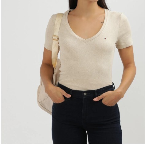 [S] TOMMY HILFIGER SMALL LOGO LADIES V-NECK T-SHIRT,OATMEAL, 76J4887-280 (STH1022)