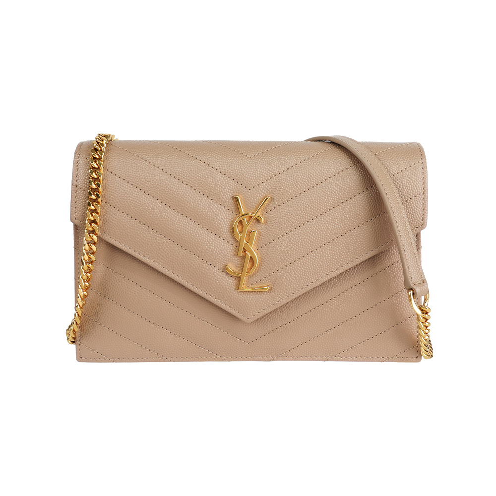 【Yves Saint Laurent】V紋荔枝皮金釦小款WOC 斜背包(深米色)