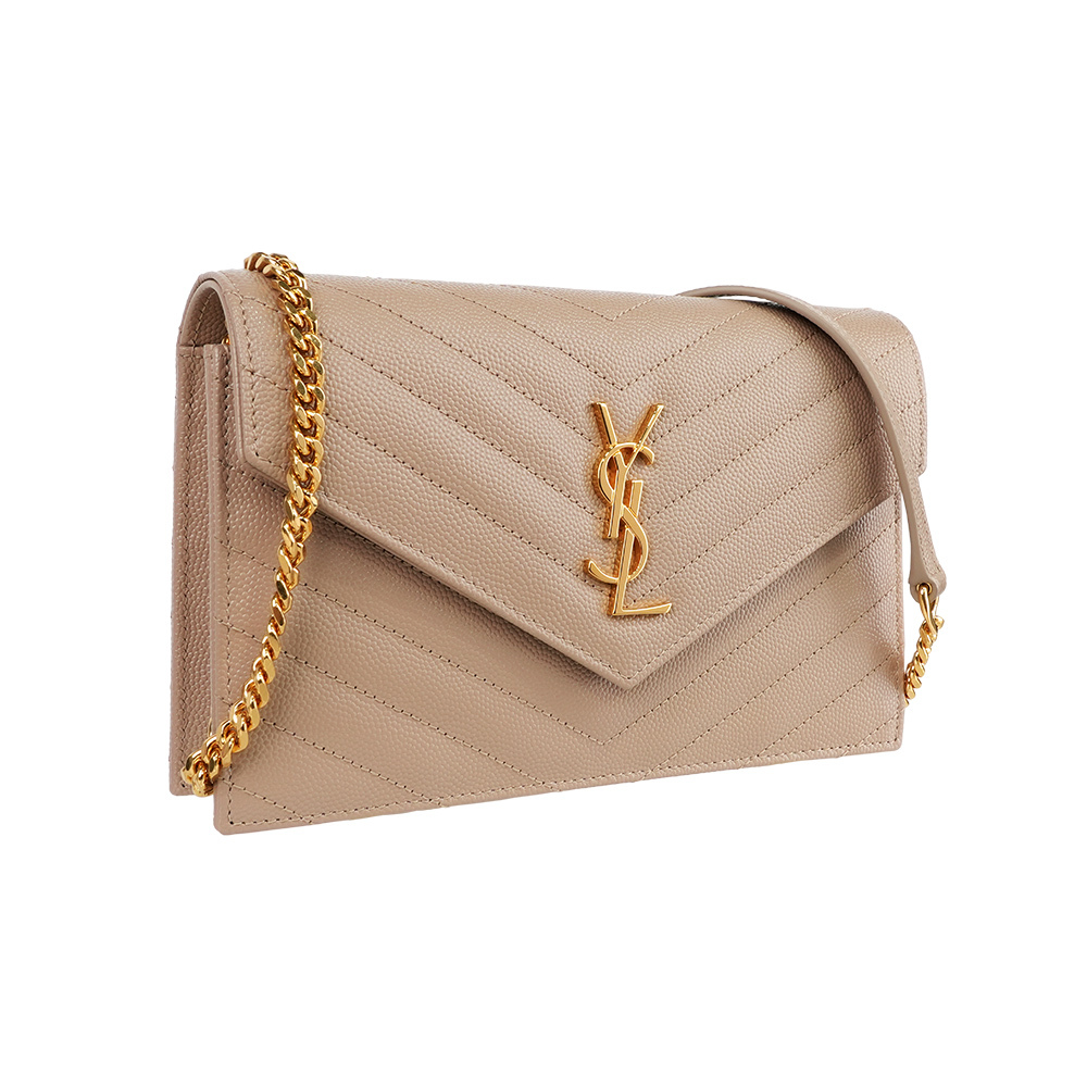 【Yves Saint Laurent】V紋荔枝皮金釦小款WOC 斜背包(深米色)