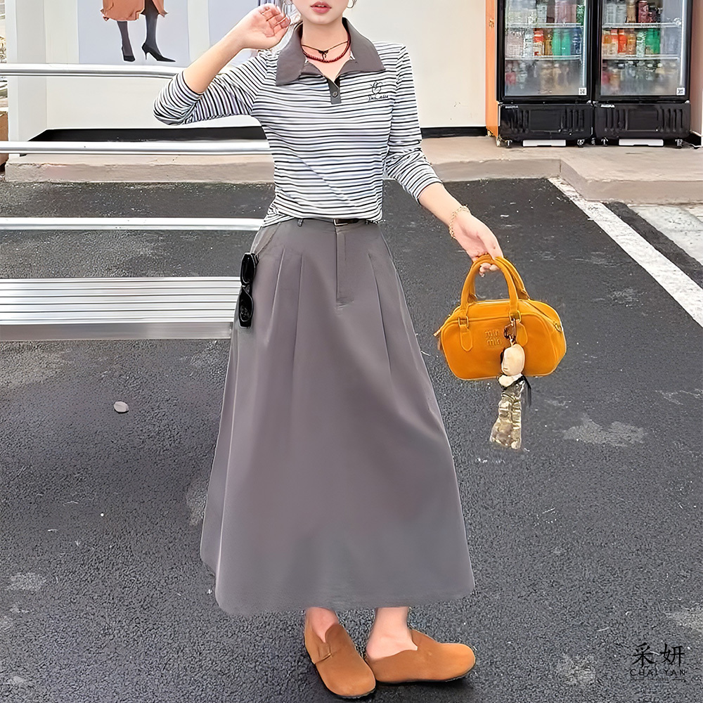 二件式 條紋POLO領長袖上衣+A字後腰鬆緊長裙