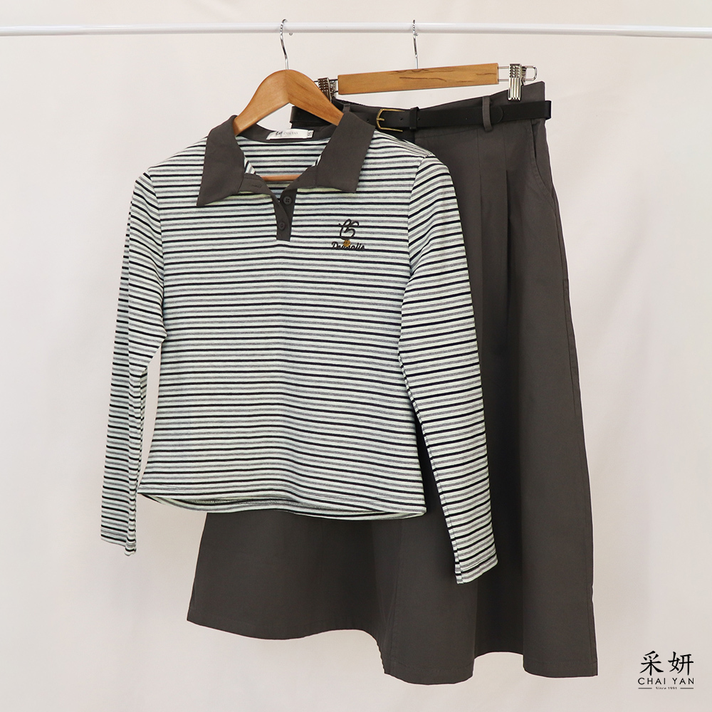 二件式 條紋POLO領長袖上衣+A字後腰鬆緊長裙