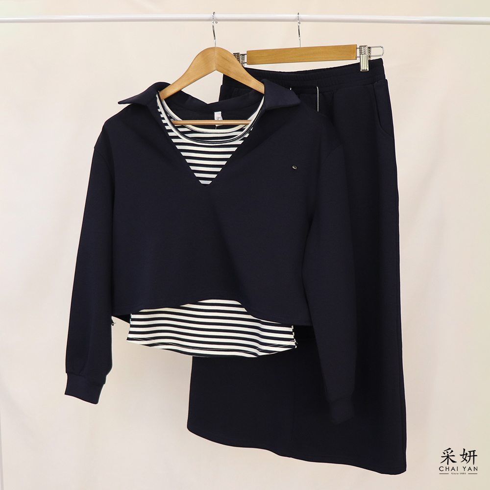 三件式 短版深V長袖上衣+條紋背心+鬆緊腰直筒長裙