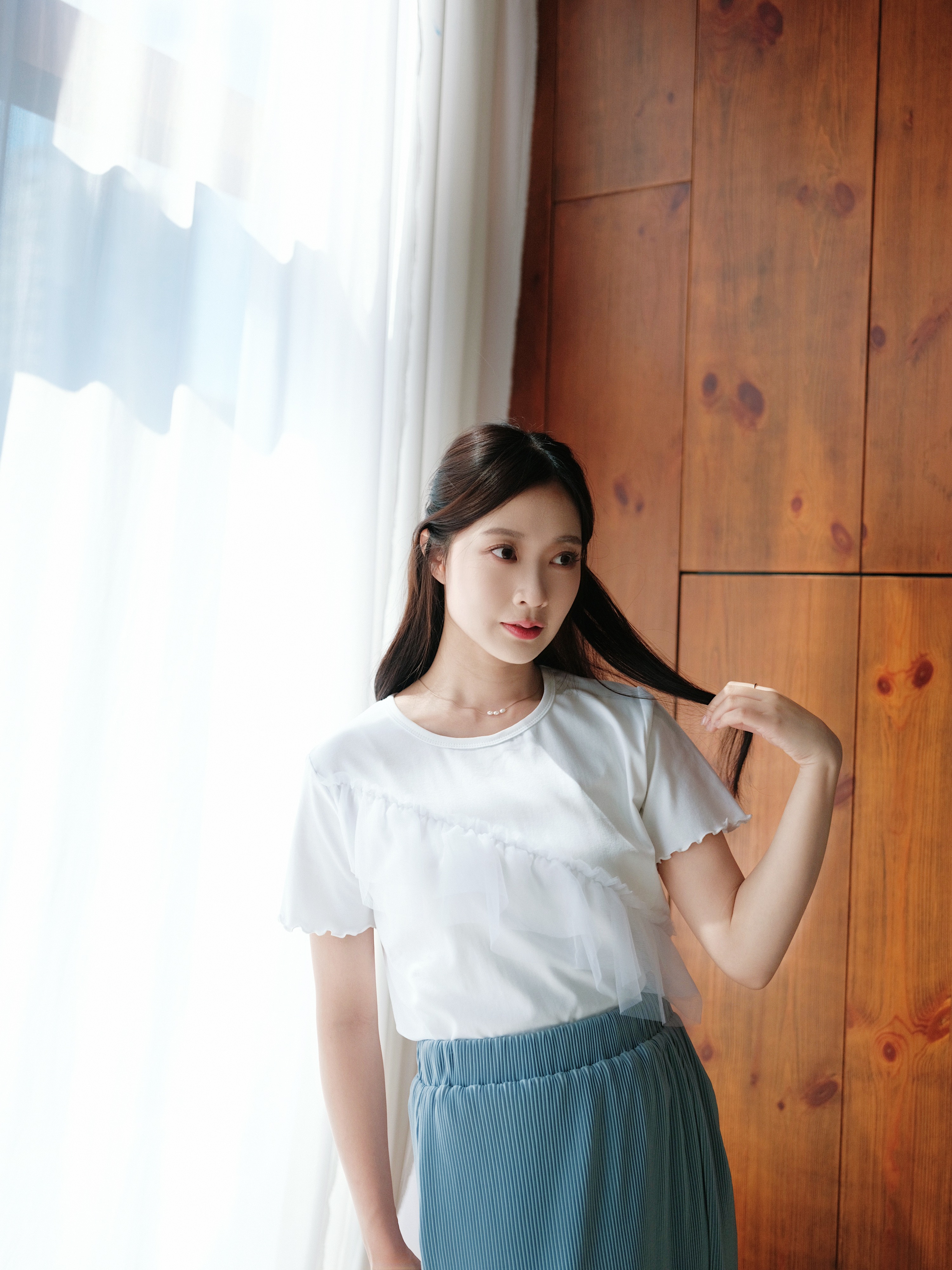 三色 / 透紗斜荷葉拼接短袖上衣 / Sheer Frill Patchwork Short Sleeve Top