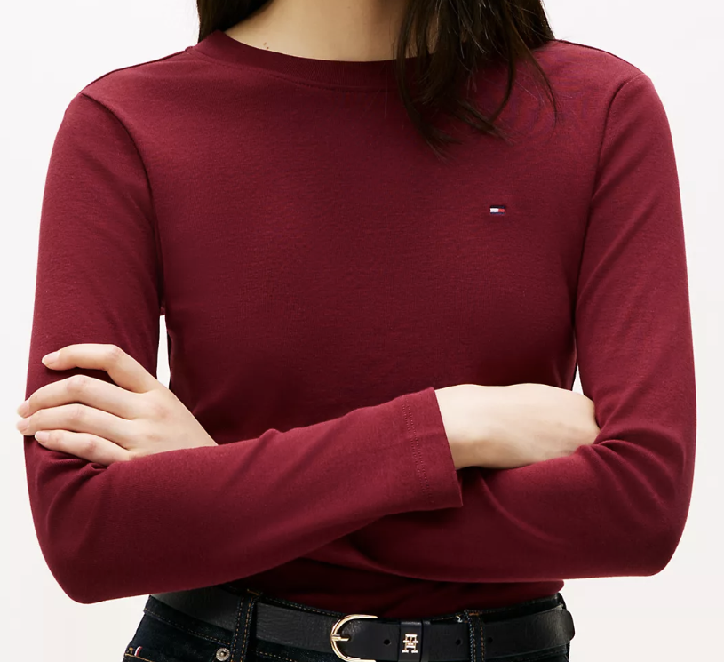 [S] TOMMY HILFIGER LADIES LONG SLEEVE CREWNECK FAVORITE T-SHIRT,DARK RED, 76J4889-602 (STH1026)