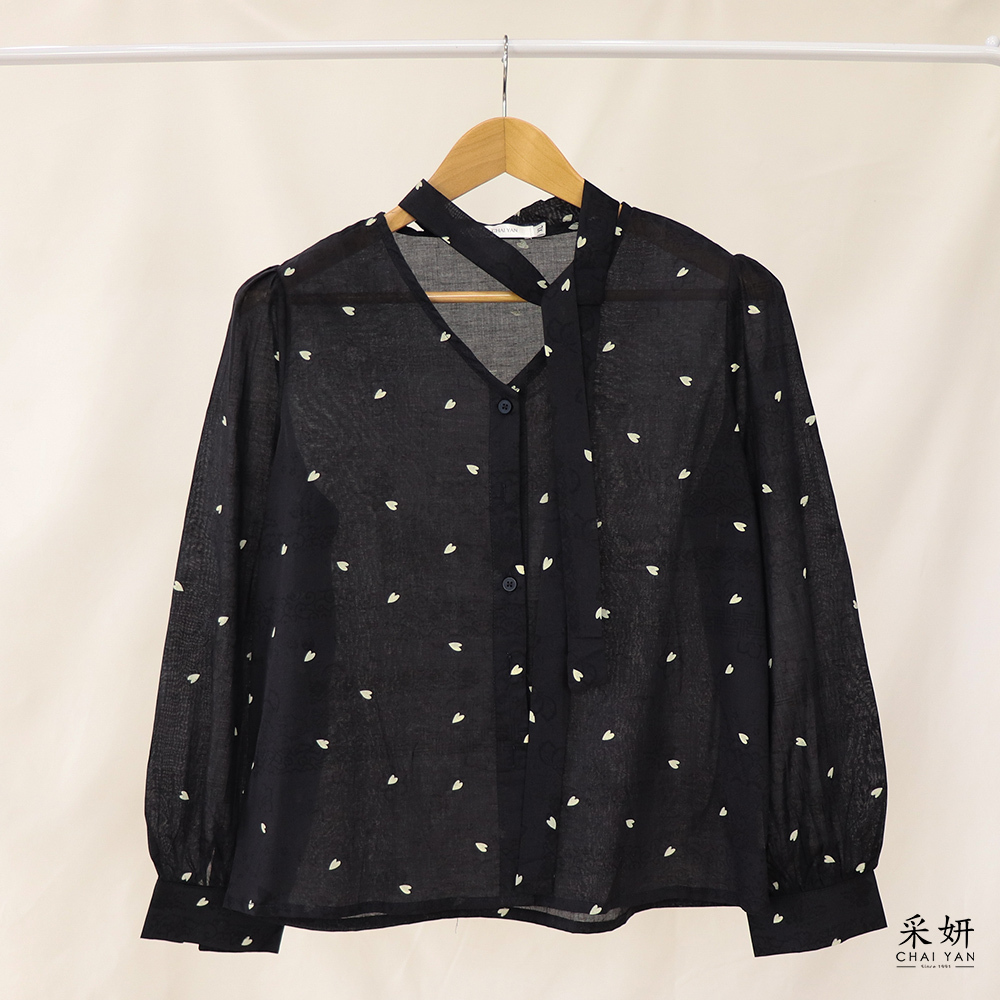 中國風暗紋心點V領長袖襯衫上衣