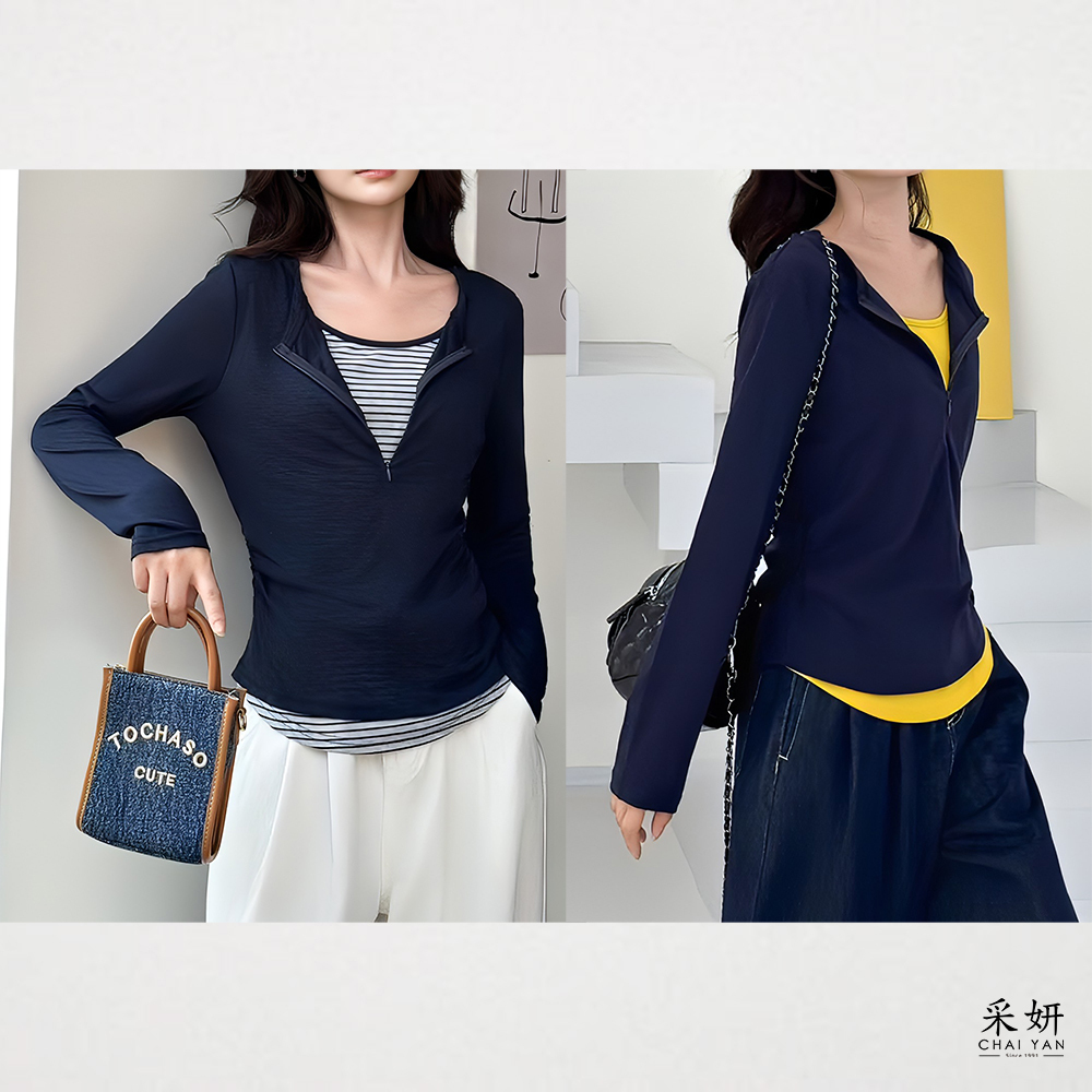 撞色假兩件拉鍊圓領長袖上衣