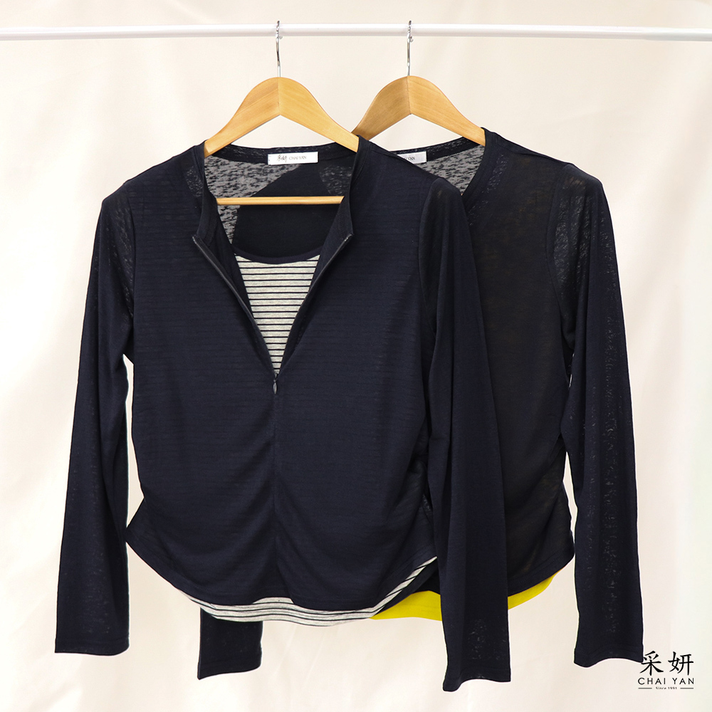 撞色假兩件拉鍊圓領長袖上衣