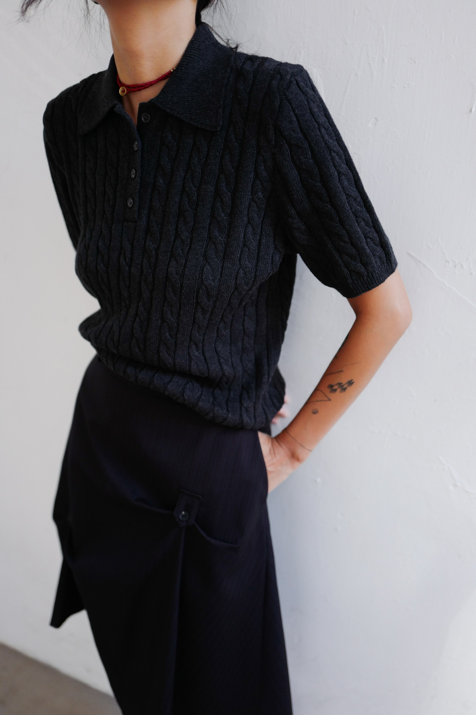 Cable knit polo blouse