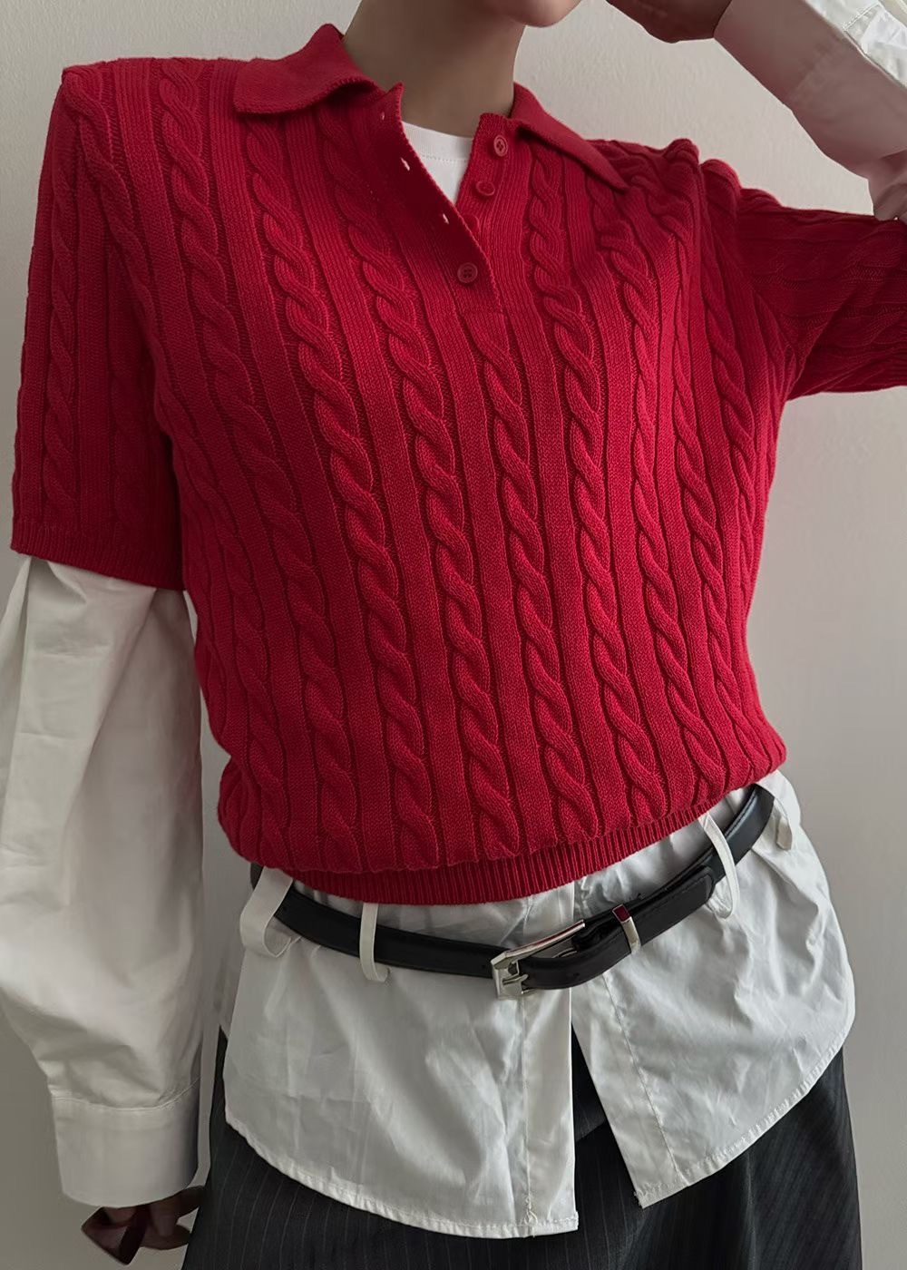 Cable knit polo blouse