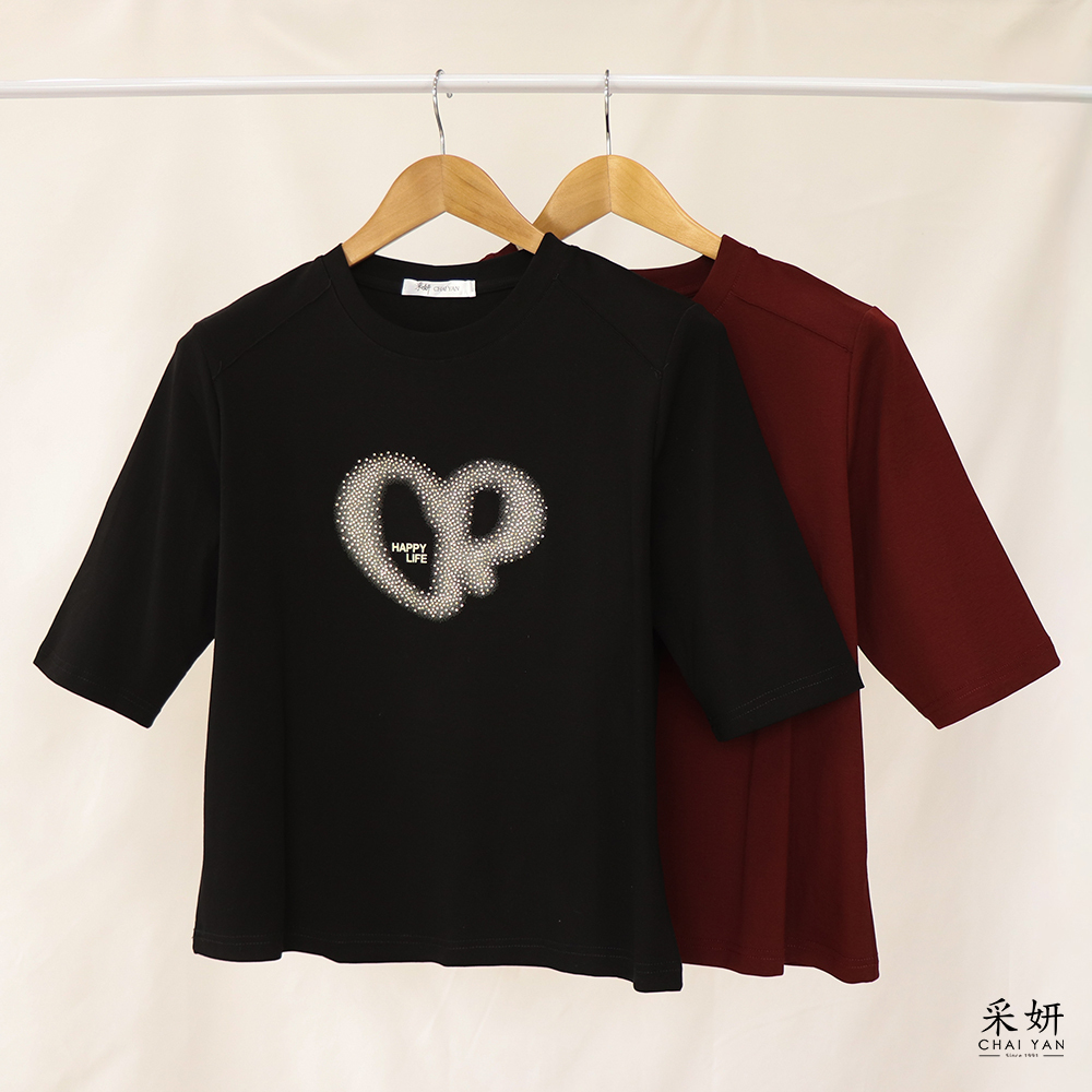 字母愛心水鑽圓領半袖上衣