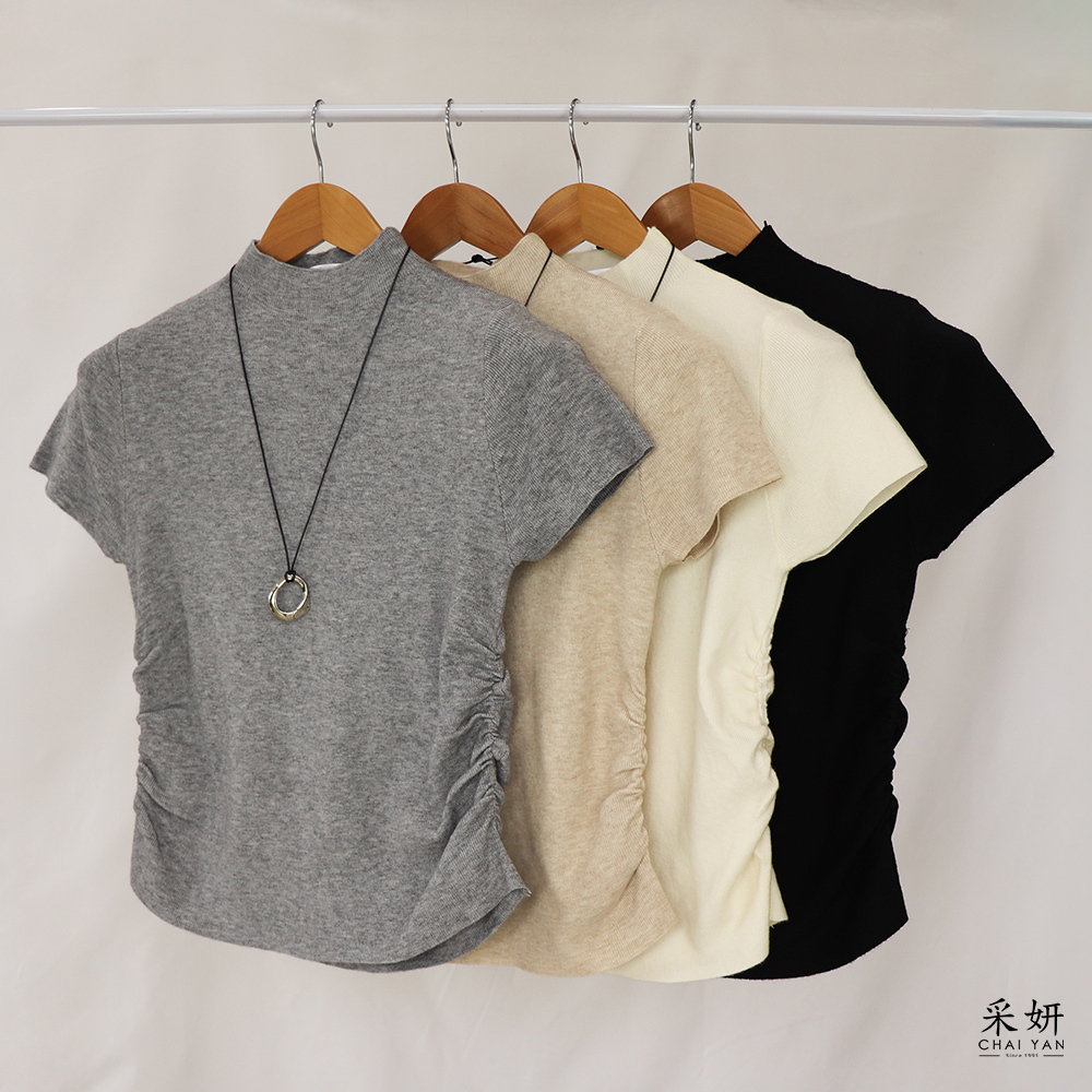 素色抓皺羅紋針織中領短袖上衣