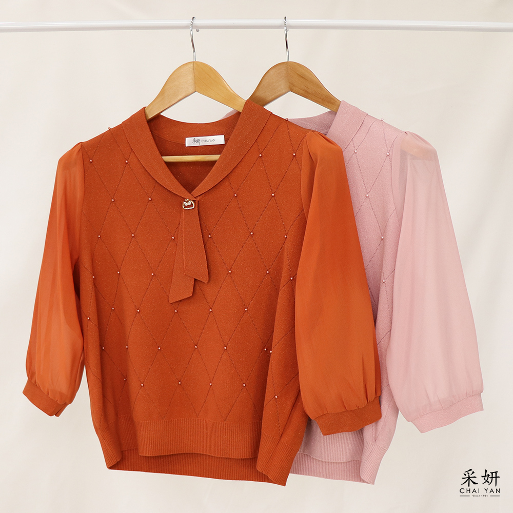 復古小香風菱格紋小V翻領長袖上衣