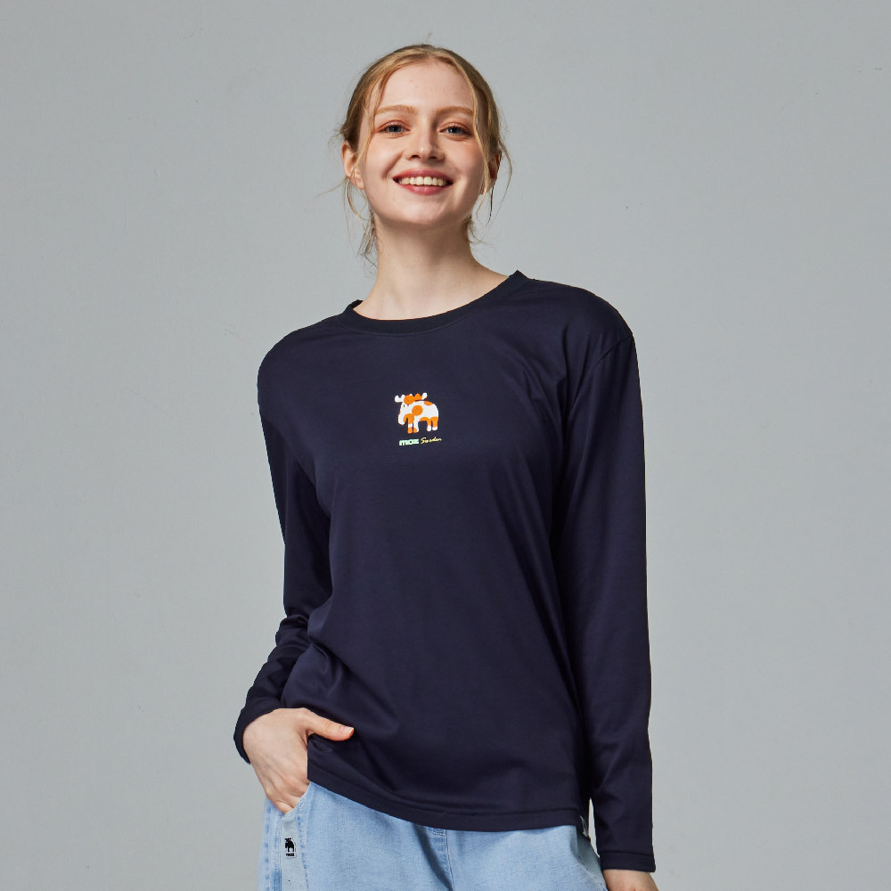 moz瑞典 植絨圓點駝鹿 冰河棉 100%純棉 涼感彈力四季T-藏青(亞洲版)女款