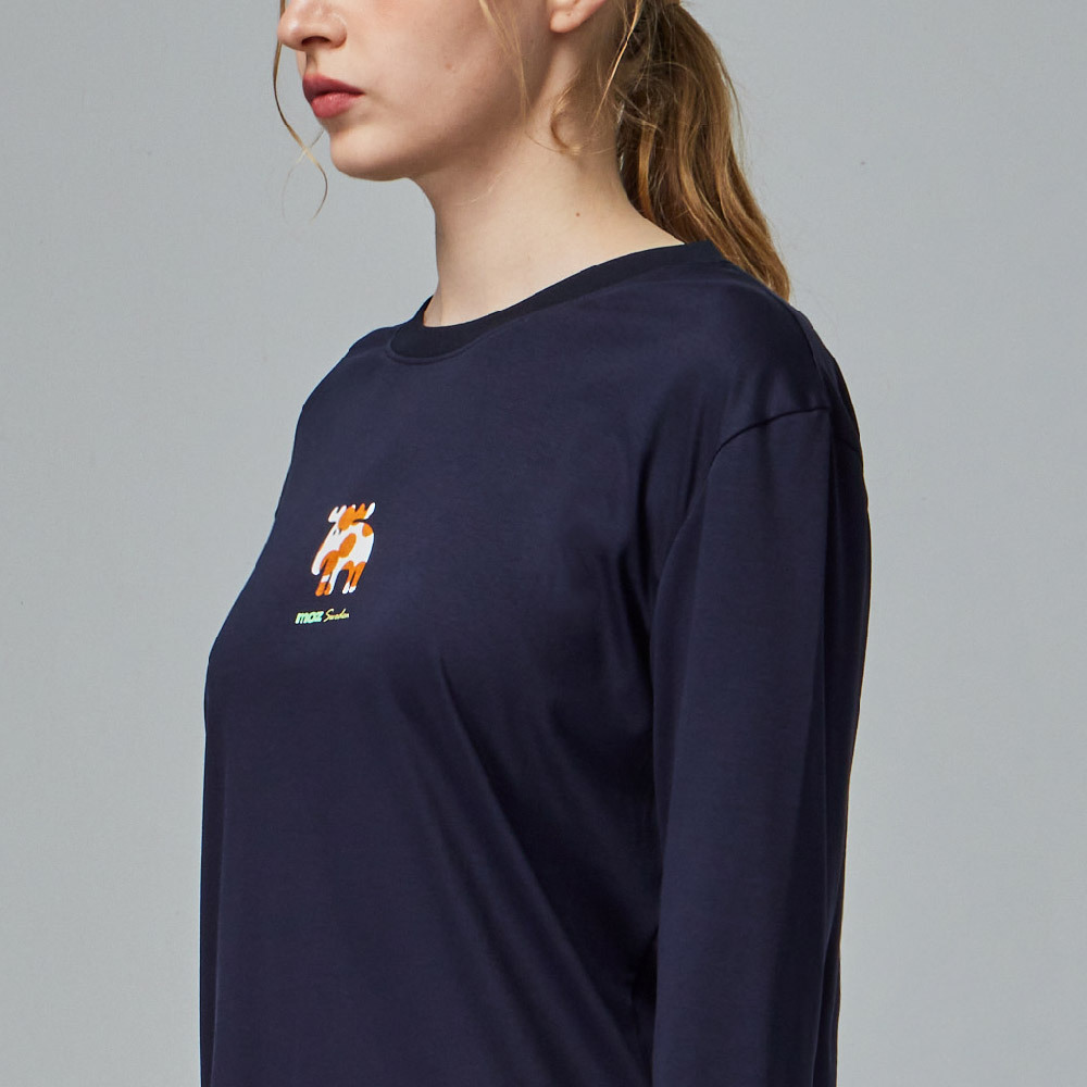 moz瑞典 植絨圓點駝鹿 冰河棉 100%純棉 涼感彈力四季T-藏青(亞洲版)女款