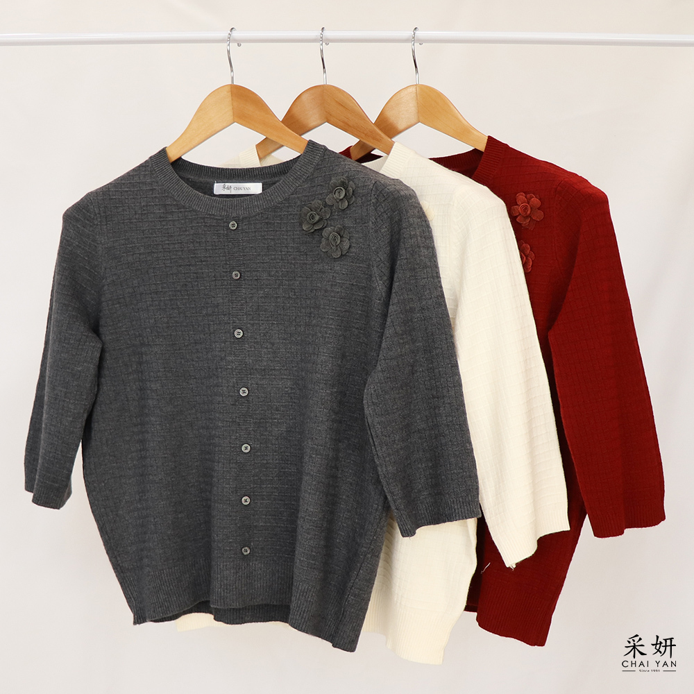 格紋蕾絲花朵針織圓領七分袖上衣