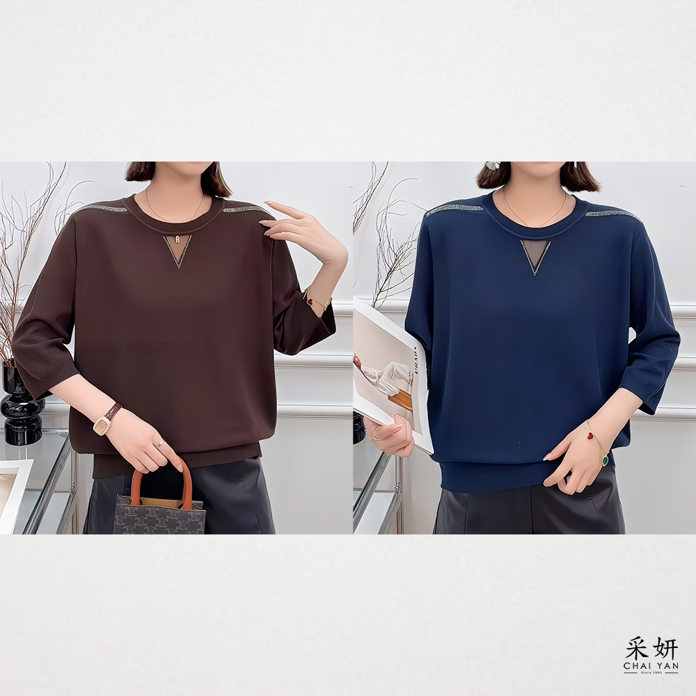 小V型透膚拼接針織圓領七分袖上衣