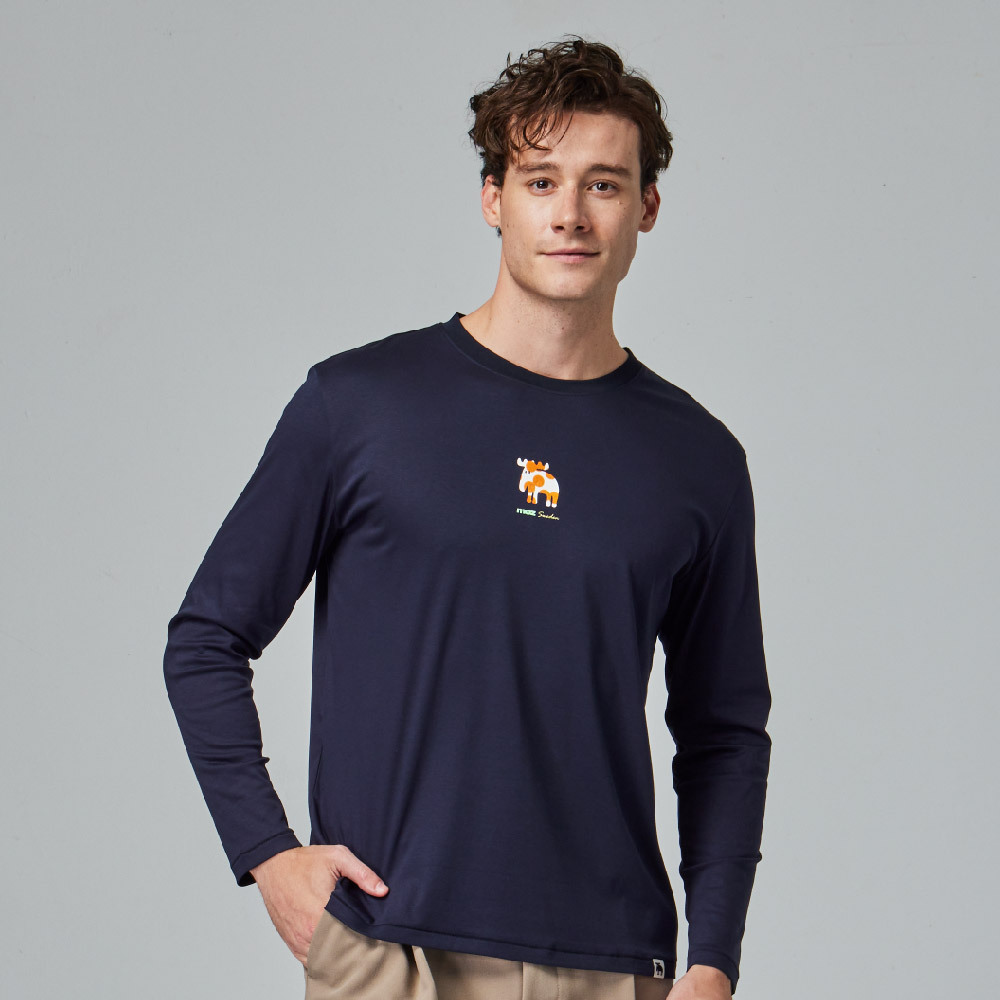 moz瑞典 植絨圓點駝鹿 冰河棉 100%純棉 涼感彈力四季T-藏青(亞洲版)男款