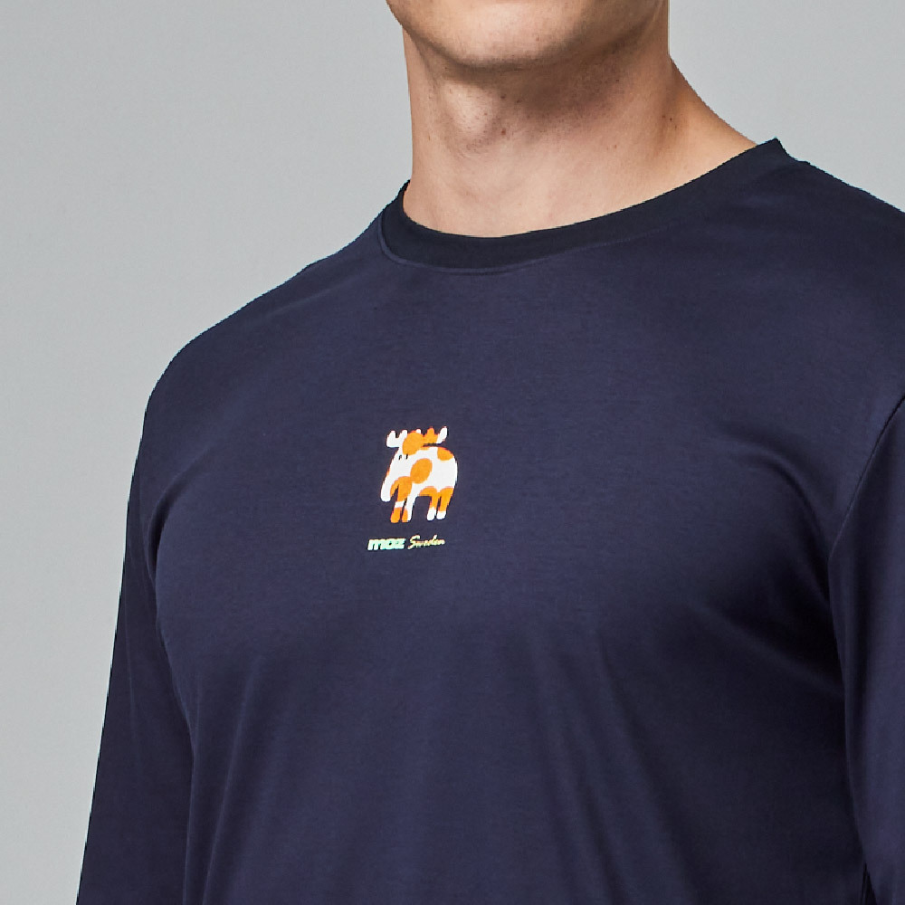 moz瑞典 植絨圓點駝鹿 冰河棉 100%純棉 涼感彈力四季T-藏青(亞洲版)男款