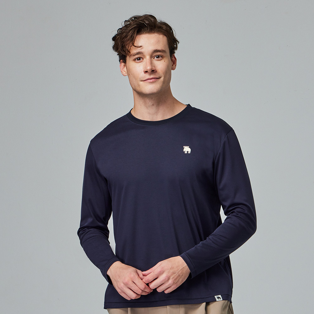 moz瑞典 刺繡駝鹿 冰河棉 100%純棉 涼感彈力四季T-藏青(亞洲版)男款