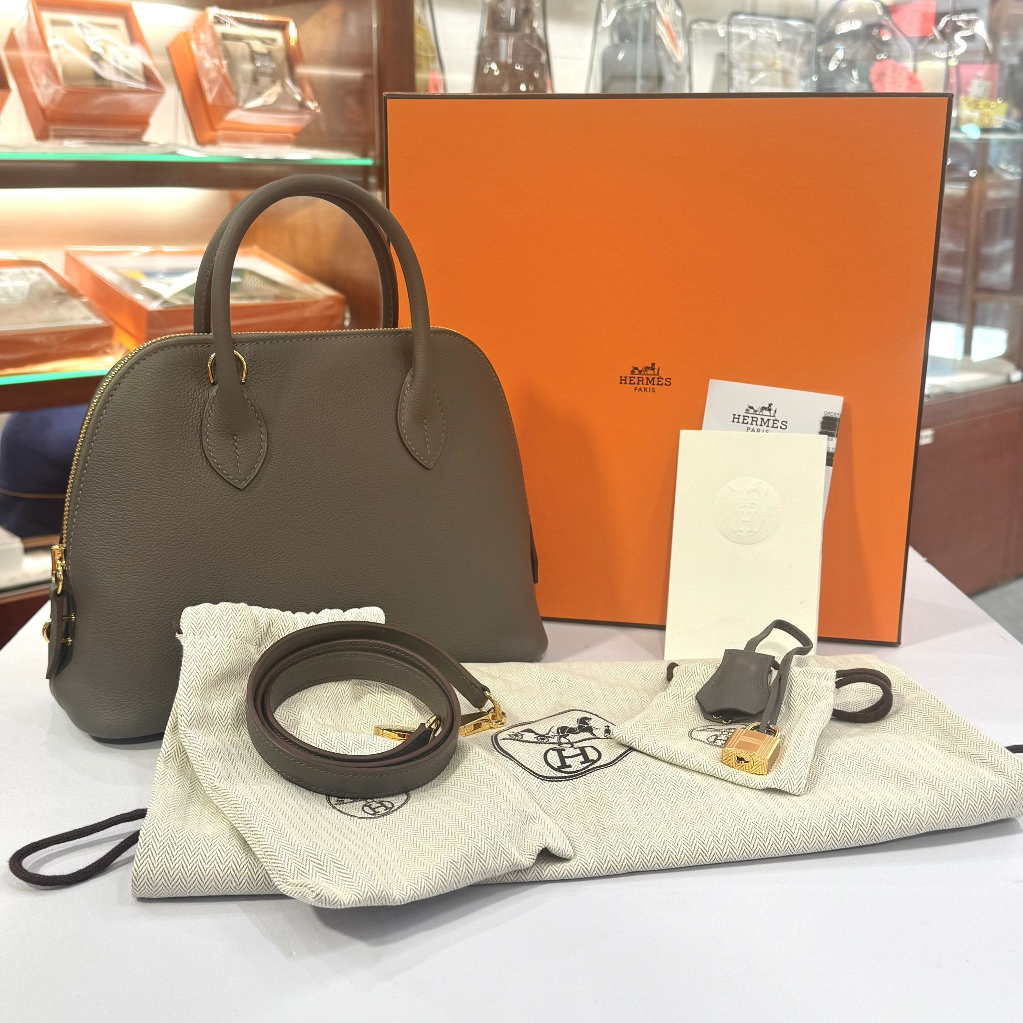 全新HERMES BOLIDE 25 Z刻 錫器灰 EVERCOLOR皮/金扣 8F PHW #BRAND NEW #香榭站正品