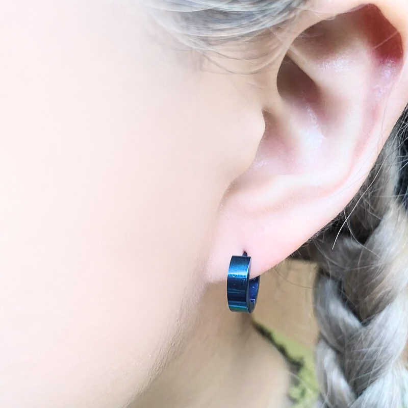 抗敏鋼 平面鋼易扣式鈦藍色造型耳環(單支價)