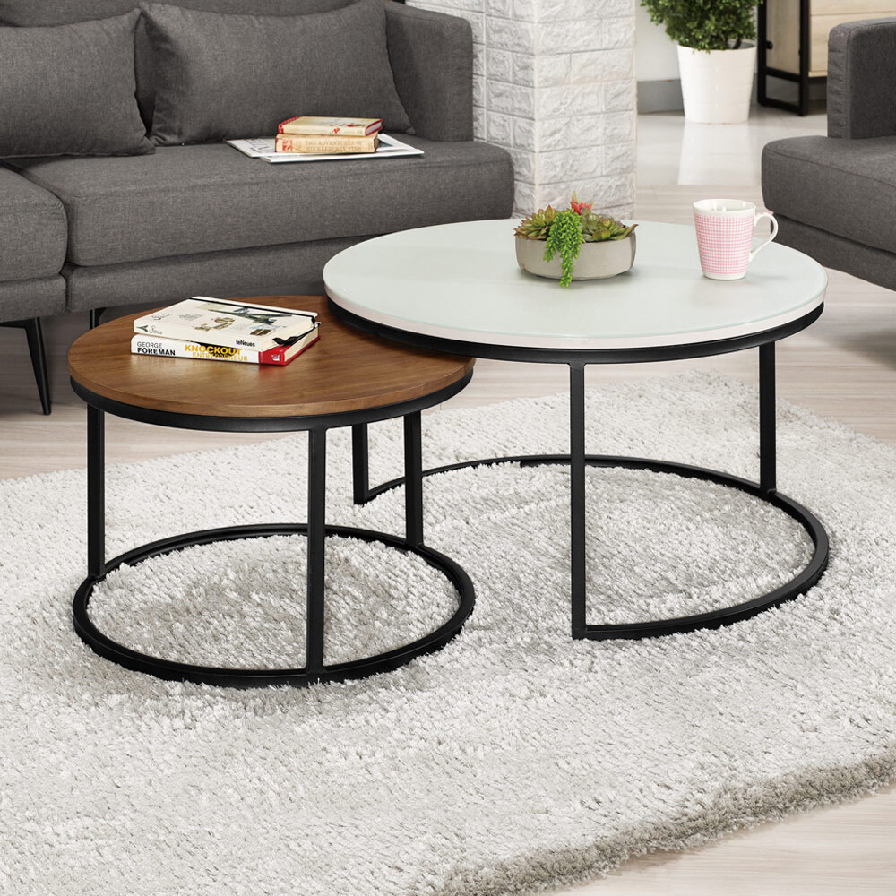 嘉利4.7尺工業風圓型玻璃茶几組合(2.7尺茶几+2尺茶几)