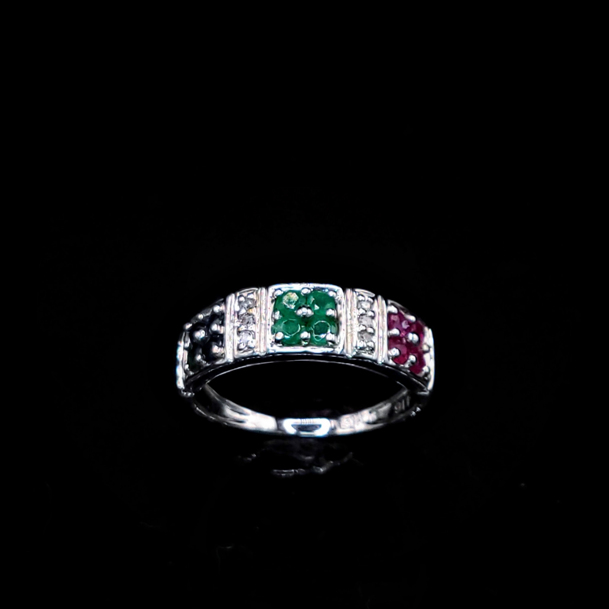 10K White Gold Ruby Sapphire Emerald and Diamond Ring