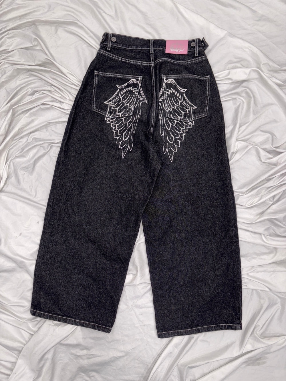 9090 girl Feather logo Studs Buggy Denim Pants