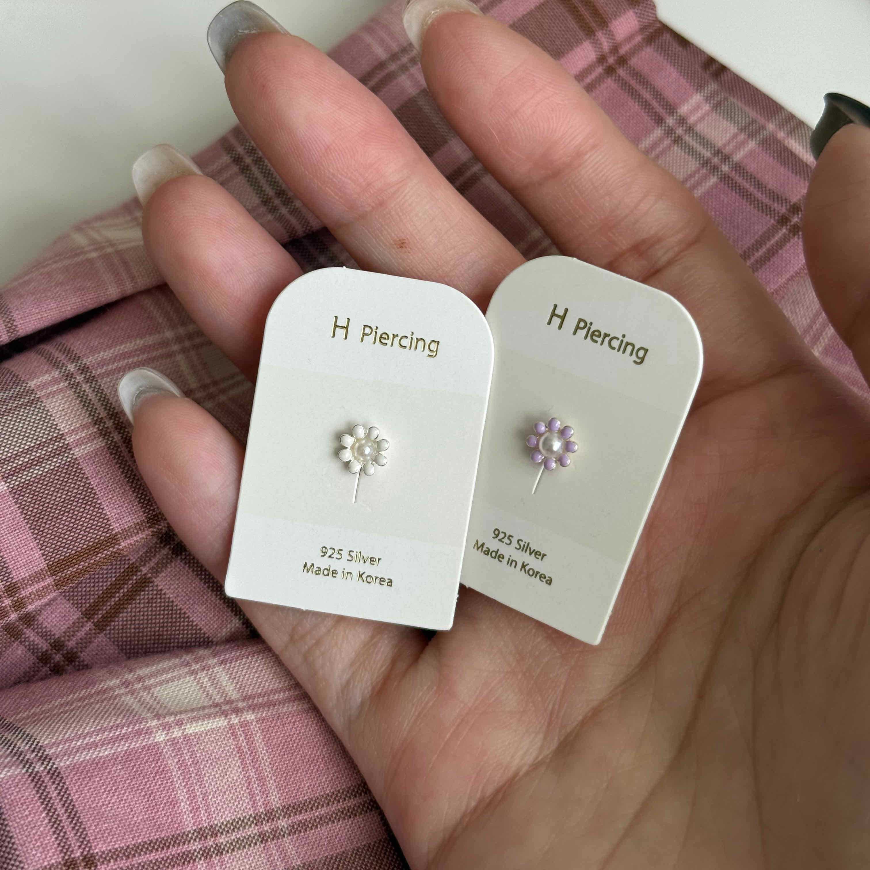 🇰🇷925 silver 紫白珍珠小花轉珠耳釘