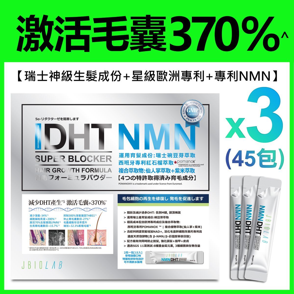 JBIOLAB (3盒特惠裝) 生髮NMN毛囊激活DHT阻斷素(粉劑: 草莓酸甜口味) ( 2克*15包 )【原装正品行貨】