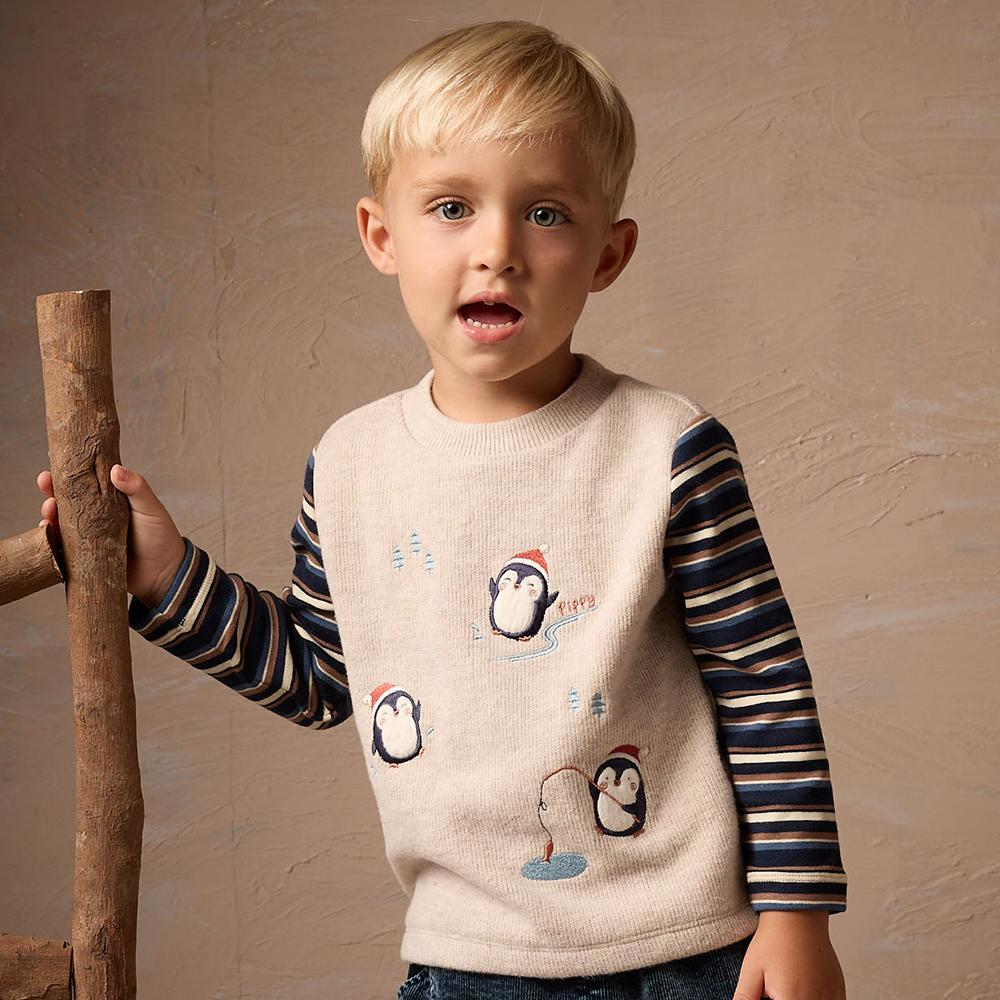 PIPPY 歡樂小企鵝玩耍去圓領棉質長袖上衣 米