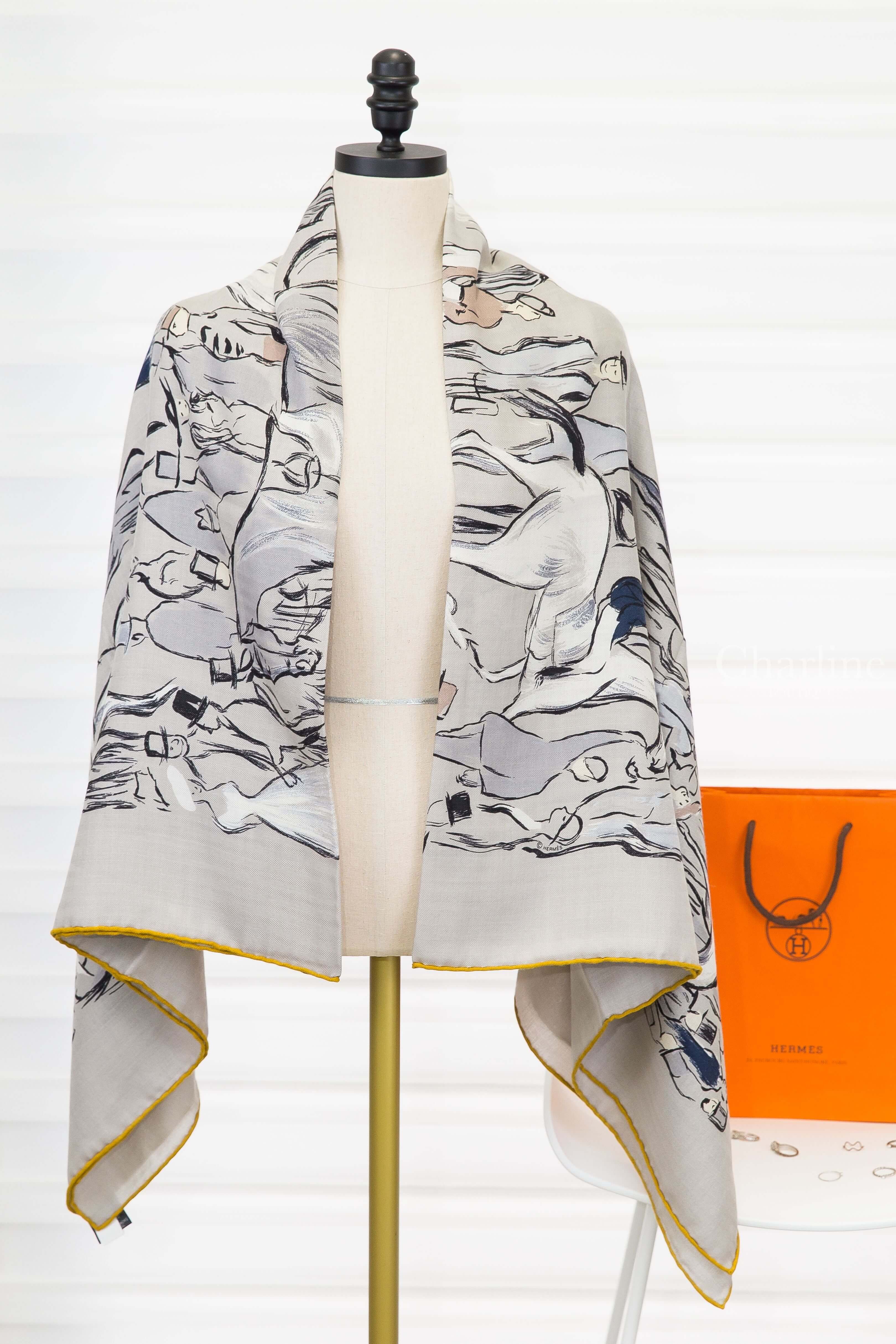 Hermès Paddock Shawl 140 錫器灰/海軍藍/珍珠色手繪人類與馬喀什米爾真絲披肩-Charline Boutique 精品代購