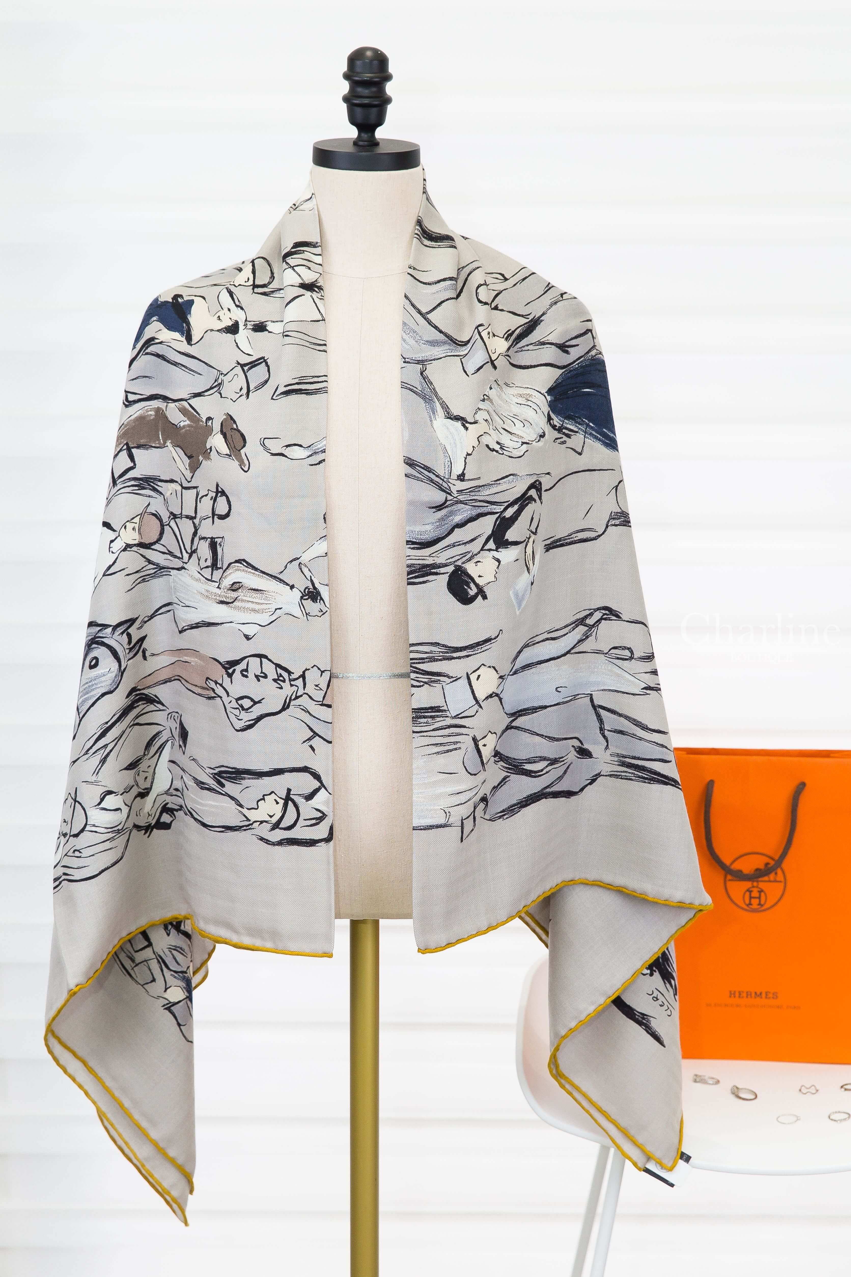 Hermès Paddock Shawl 140 錫器灰/海軍藍/珍珠色手繪人類與馬喀什米爾真絲披肩-Charline Boutique 精品代購