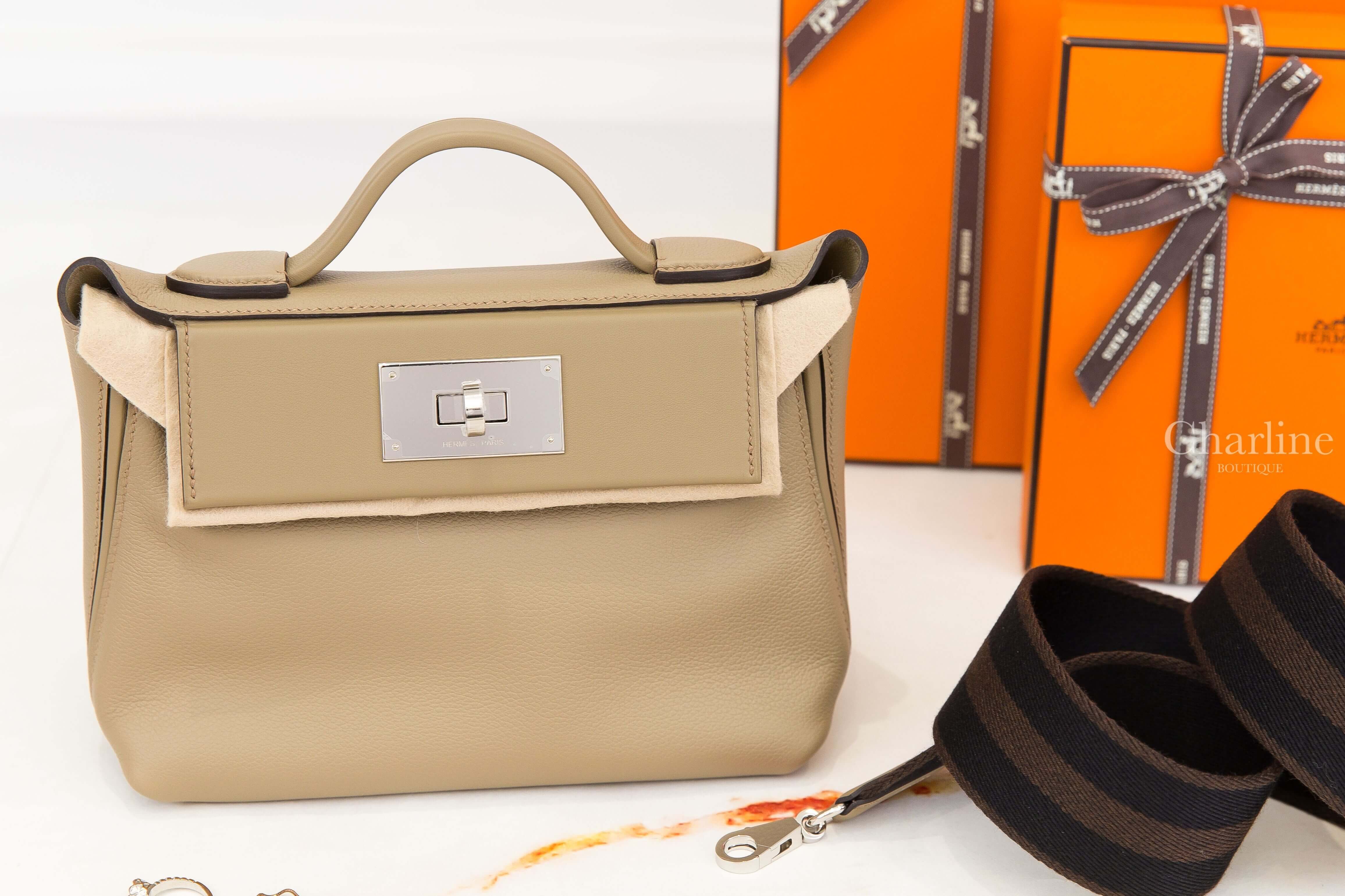 Hermès Mini Kelly 24/24 21 8Q Beige Marfa Evercolor 馬爾法米色銀釦黑色/咖啡色帆布寬背帶手提肩背包