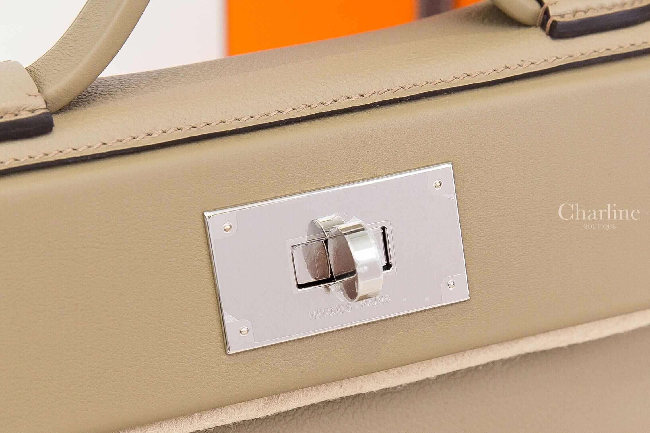Hermès Mini Kelly 24/24 21 8Q Beige Marfa Evercolor 馬爾法米色銀釦黑色/咖啡色帆布寬背帶手提肩背包