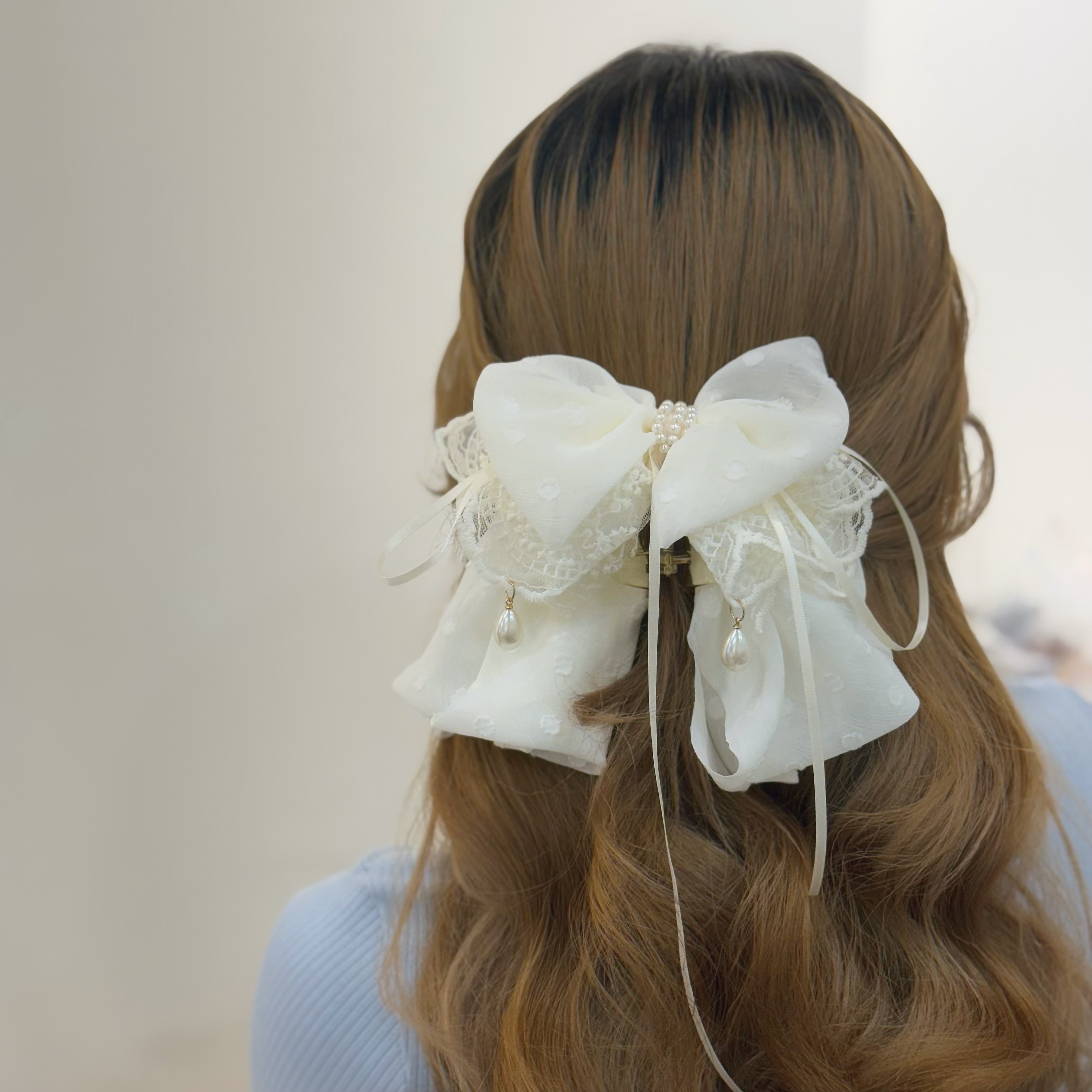 Y107網紗蕾絲珍珠蝴蝶結半頭夾