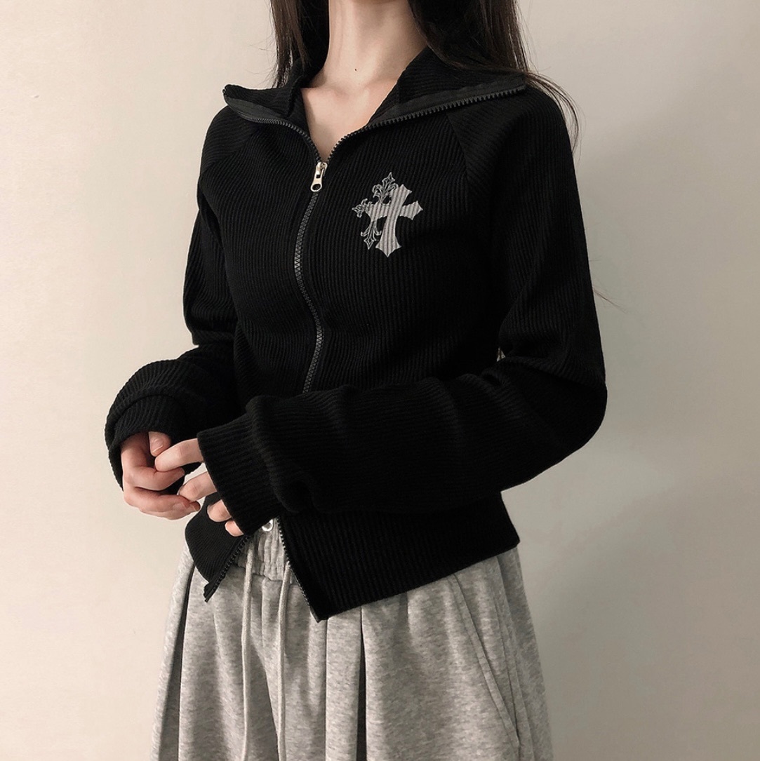 【優惠價預訂】韓國十字架坑紋雙拉鍊針織外套（4色）