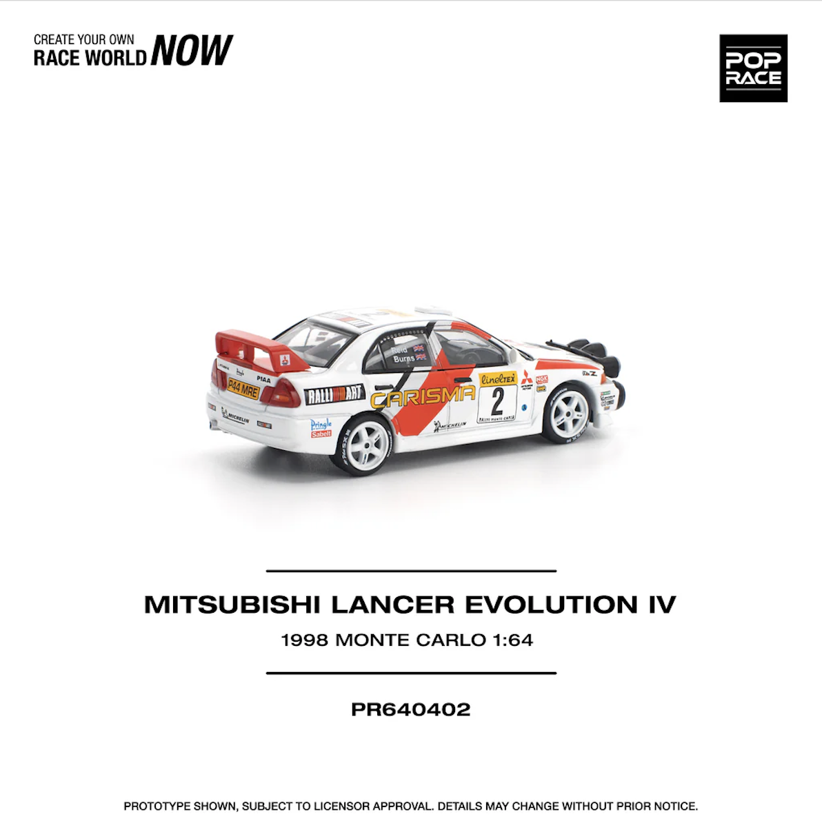 【預訂】Pop Race 1/64 Mitsubishi Lancer Evolution IV 1998 Monte Carlo Rally (PR640402)