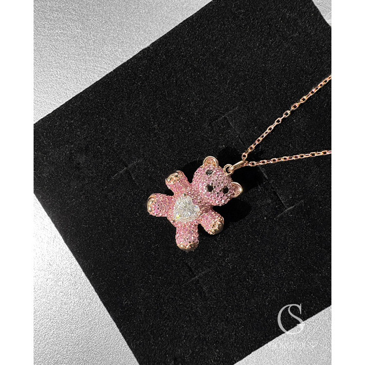 R33 現貨「心心玫瑰熊莫桑項鍊(925銀)」