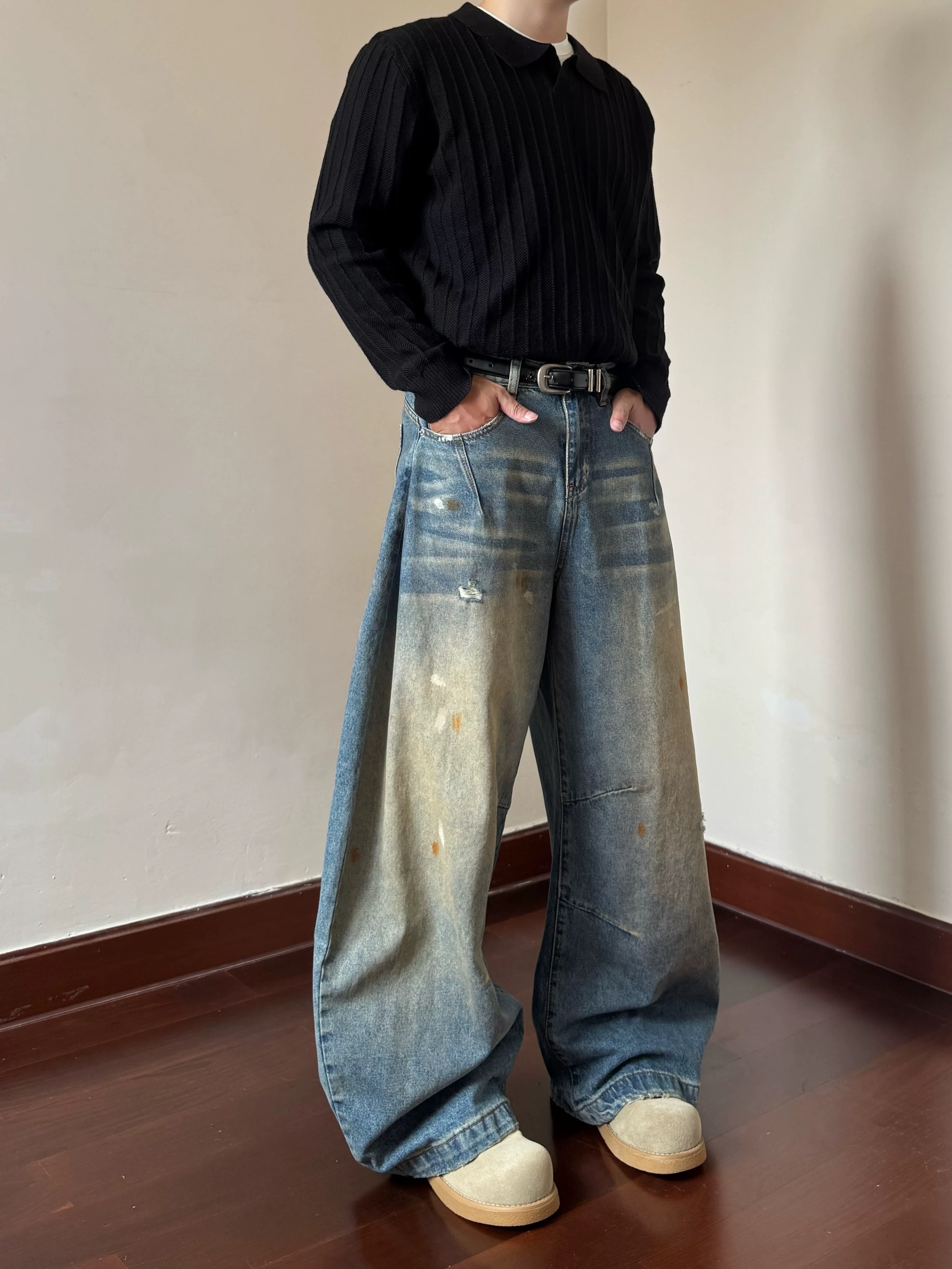 - SIMPLEACTION - 美式做舊cleanfit水洗彎刀褲