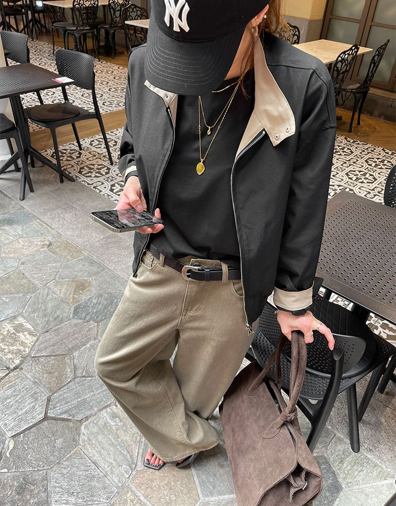 企領拼色拉鍊外套(黑色)