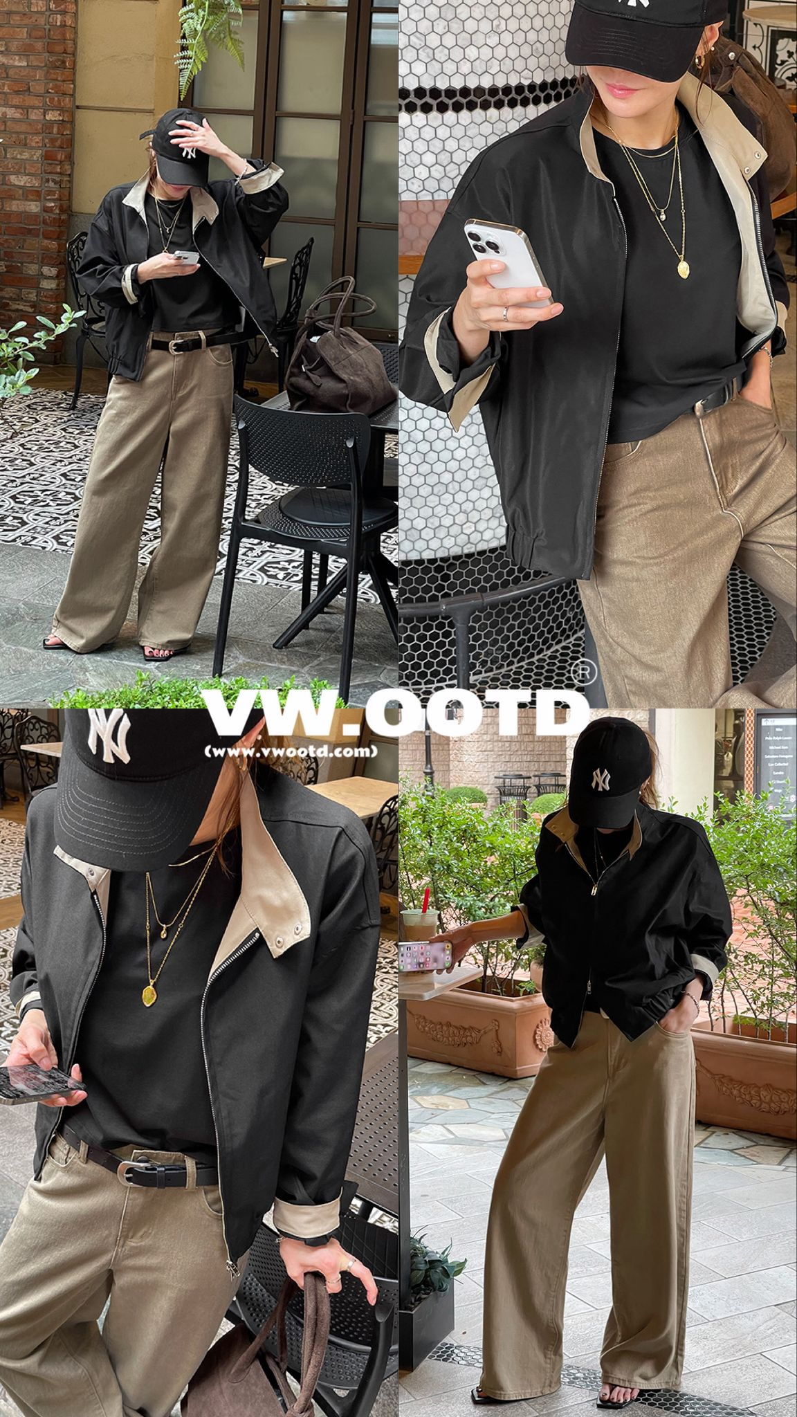 企領拼色拉鍊外套(黑色)