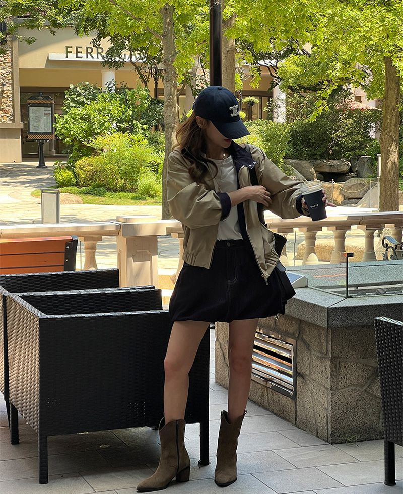 企領拼色拉鍊外套(杏色)