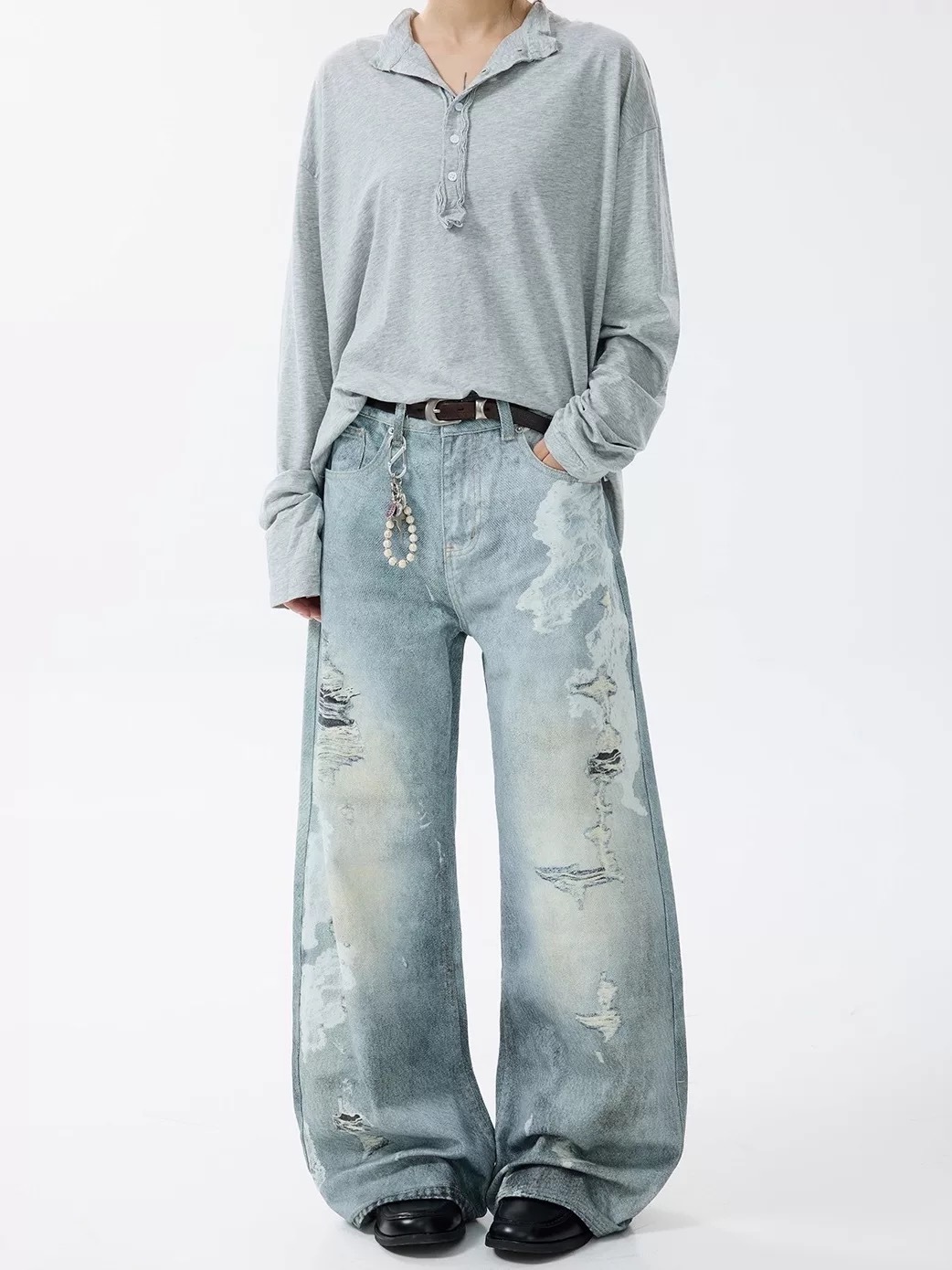 - SIMPLEACTION - 美式噴墨塗鴉水洗破洞牛仔褲